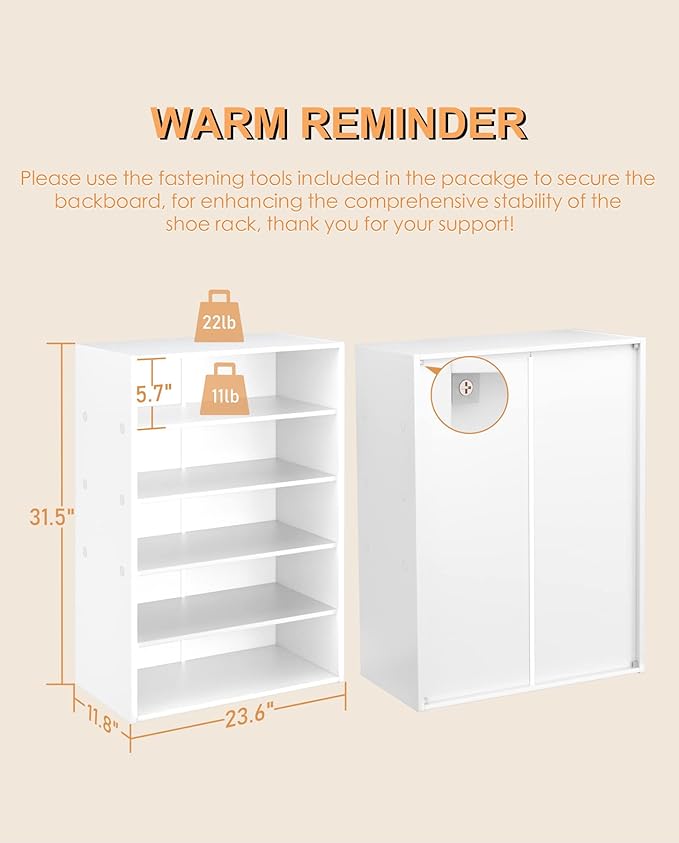 HAIOOU 5 Tier White Shoe Rack, 24 Inches Stackable Wooden Shoe Shelf Organizer Free Standing Shoe Storage Stand with One Movable Storage Shelf for 10-15 Pairs, Perfect for Entryway, Hallway, Closet