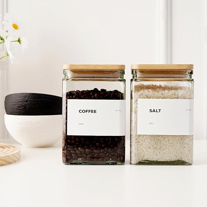 APT 1101 Glass Storage Jars with Bamboo Lid, glass canisters with airtight lids, Clear jars with lids for Spice, Cookie, Candy, Tea, Coffee Bean and Rice (White, 26 oz, Set of 6)