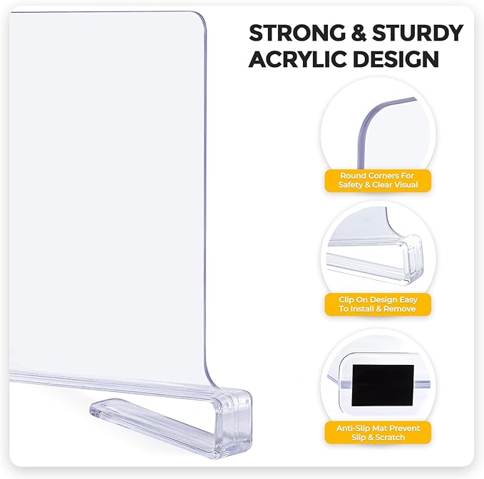 JOY DECOR 12 Pack Acrylic Clear Shelf Dividers for Closets Organizer and Storage Adjustable Vertical Wood Shelf Closet Separators for Clothes,Book,Bags in Bedroom and Kitchen