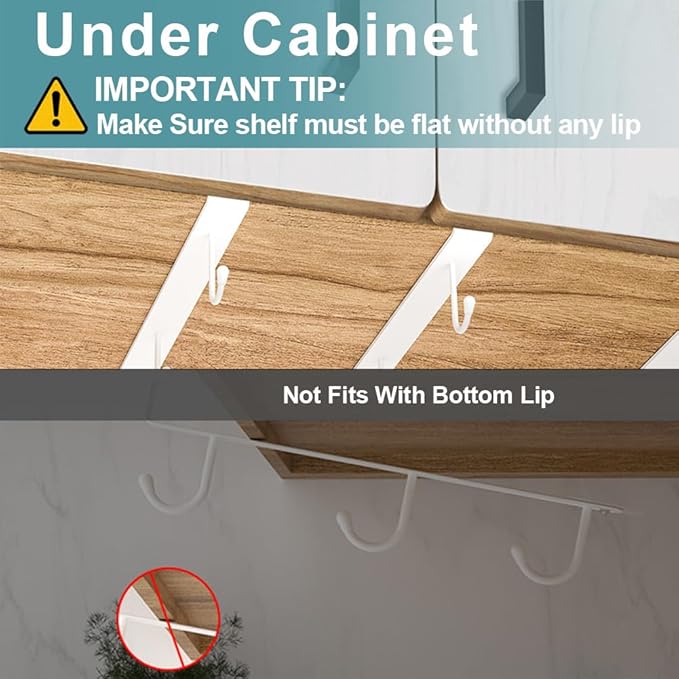 ECROCY Coffee Mug Holder Under Cabinet, 3pcs Coffee Cup Holder Only Fits Flat Shelf Without Any Lip, Clip-On Coffee Mug Organizer No Drilling Free Damage