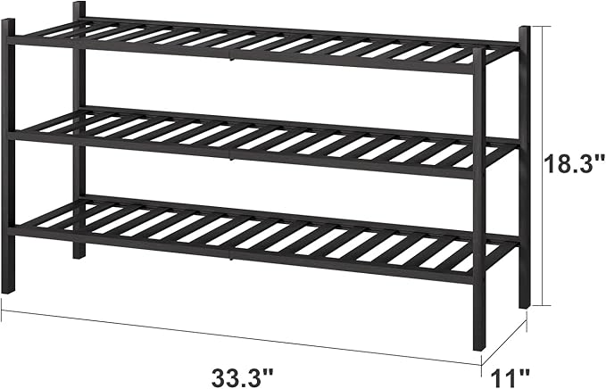 3-Tier Long Black Shoe Rack, Bamboo Wood Shoe Rack for Closet