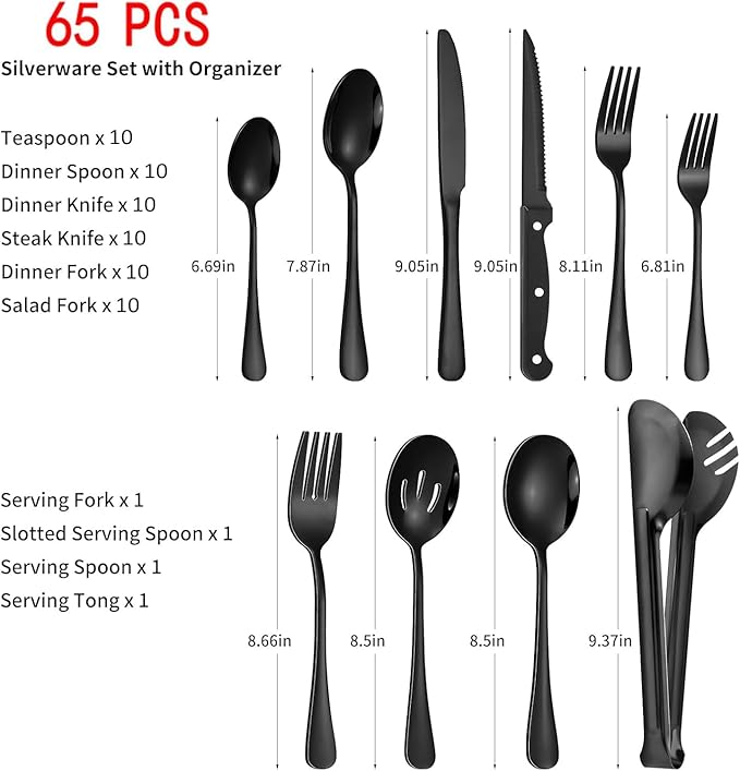 65PCS Black Silverware Set for 10 with Flatware Drawer Organizer, Stainless Steel Cutlery Set with Steak Knives, Include Spoons and Forks Set & Serving Utensils, Mirror Polished, Dishwasher Safe