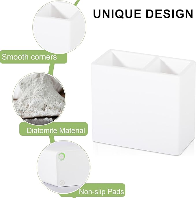 Diatomite Toothbrush Holder 2 Slots Tooth Brush Holder for Bathroom, Kids Electric Toothbrush and Toothpaste Organizer for Countertop, Shower, Vanity, White
