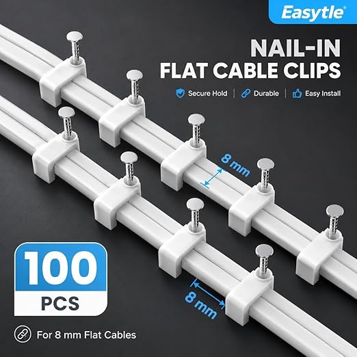 Cable Clips Nail in Cable Clips 100 Pcs 8mm Flat Ethernet Cable Wall Clips Cable Tacks Coax Cable Clip Speaker Wire Clips Cable Nails for Cords Cat5/Cat5e/Cat6/Cat7 RJ45 Cord Clips