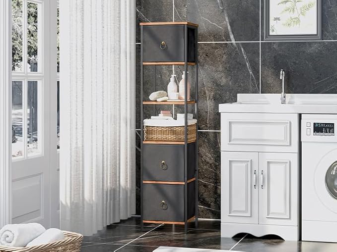 HOOBRO Bathroom Floor Cabinet, Bathroom Organizer and Storage Rack Stand, 3 Drawers Free-Standing Cabinet for Bathroom, Living Room, Rustic Brown and Black BF140CW01