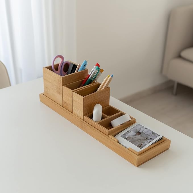 Bamboo Vanity Tray, 6-Piece Bathroom Countertop Vanity Tray Set