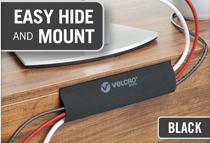 VELCRO Brand VEL-30797-USA Mountable Cable Sleeve | Cord Management Mounts on Walls, Desk or Entertainment Center | Removable Adhesive is Damage Free | 12in Black, 2pk, 12in-2Pk