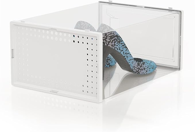 12 Pack X-Large Clear Shoe Storage Boxes, Stackable Modular Plastic Shoe Organizer Front-Opening Door, Fits up to US Size 9 to13, Ventilated Dust-Proof Sneaker Display Cases Closet and Entryway, White