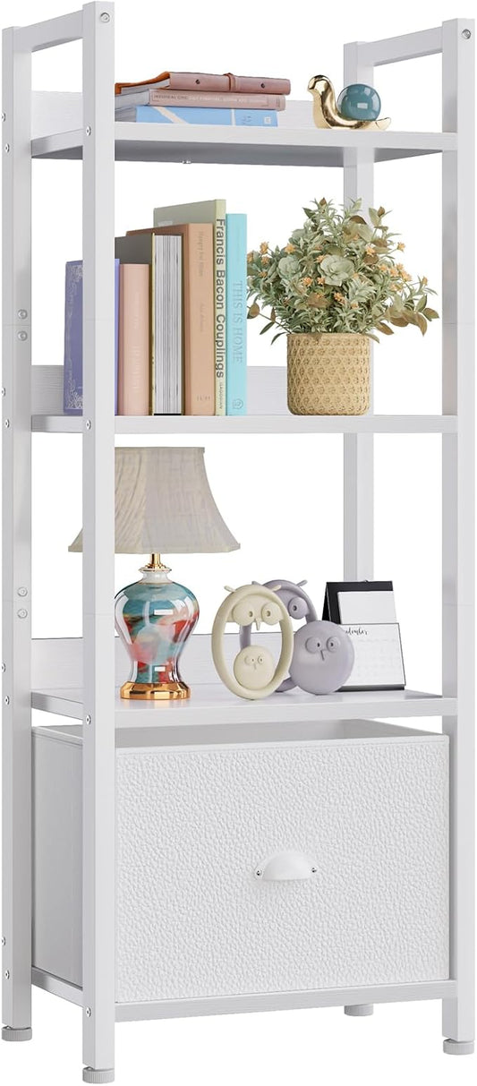White 4 Tier Bookshelf with Drawer, Small Narrow Bookcase with Shelves