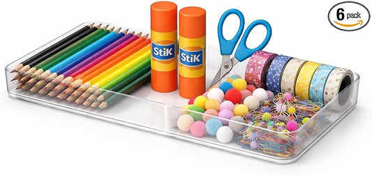 primebox Plastic Clear Acrylic Drawer Organizers. Bathroom, Kitchen, Bedroom, Utensils, Office Organizer Bins, Storage Trays. Heavy Duty, Stackable. 15" x 6" x 2" Set of 6