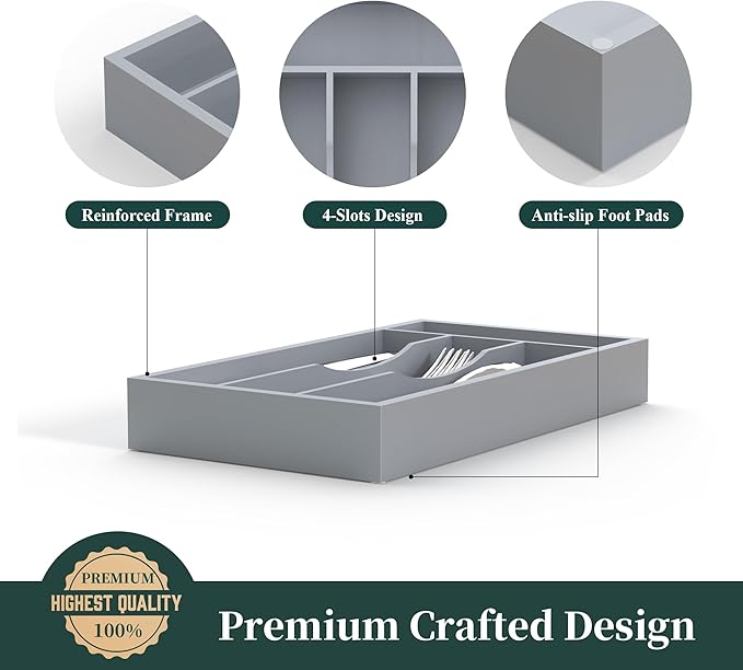 Silverware Organizer, Bamboo Kitchen Drawer Organizer, Grey, 6.7''W x 12''D