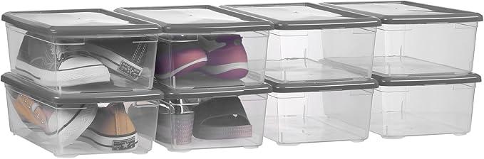 Plastic Shoe Boxes Clear Stackable Storage Bins with Lids See-Through Rectangular Storage Boxes Durable Lidded Shoe Boxes for Home and Art Supplies (Grey)