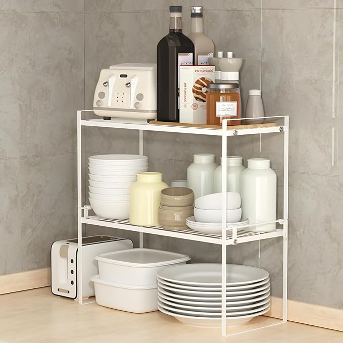2 Pack Stackable Cabinet Shelf Organizer - Heavy-Duty Coated Metal Storage Rack, Non-Slip Space-Saving for Kitchen Pantry, Under Sink, Cupboard, Countertop (Mesh White)