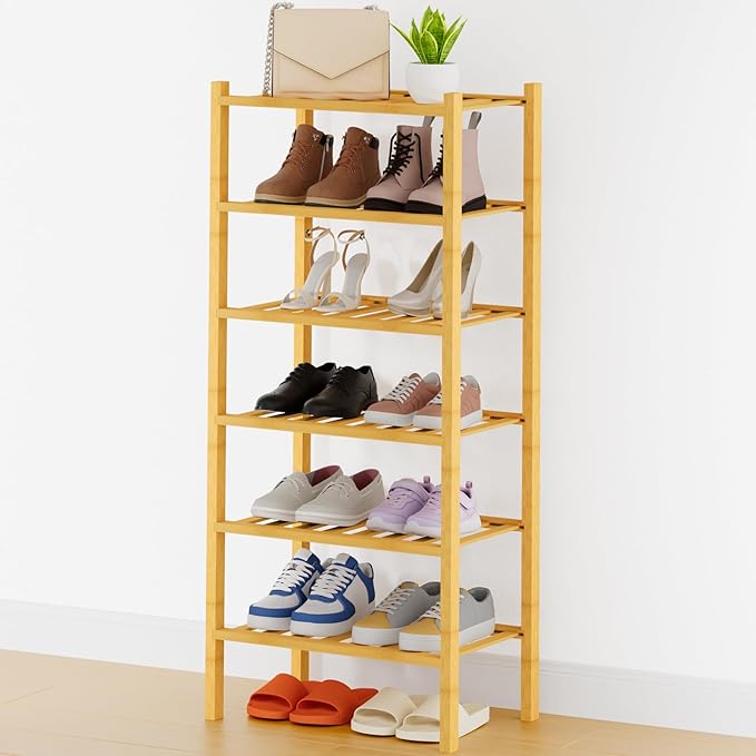 Smiry Small Bamboo Shoe Rack, 6 Tier Free Standing Wooden Shoe Organizer, Stackable Wood Shoe Storage Shelf for Closet, Entryway, 14 Vertical Slats, 2+2+2 Stack Thicker Legs, 17.3"x11"x39", Natural