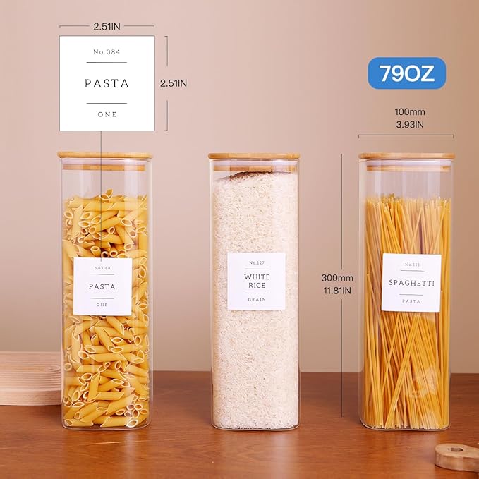 3 Pack Square Kitchen Storage Jars with Airtight Bamboo Lids and 132 Pantry