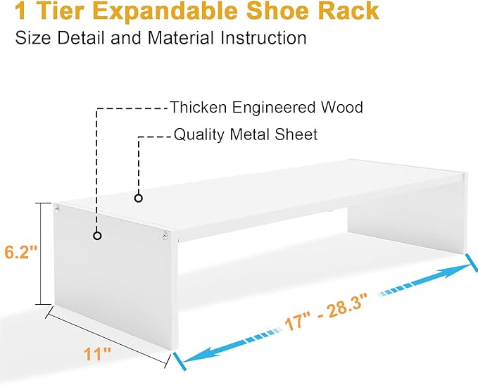 Cidaziya Expandable 1 Tier Shoe Rack for Shoe Cabinet, 1 Tier Stackable White Shoe Shelf Organizer for Closet, Sturdy Metal and Wood Structure, Hold 4-6 Pairs of Shoes