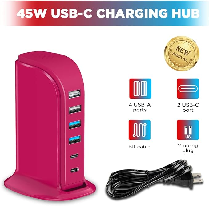 USB Charging Station Multiports Upoy, Charging Hub 6 Ports Dual Type-C