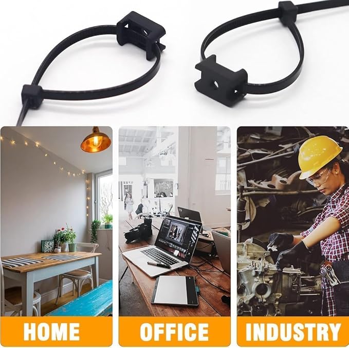 Black Cable Zip Tie Mounts Kit-100 Pcs Cable Zip Tie Saddle Type Mounts Base with 100 Pcs 8" Cable Ties and 100 Pcs Tapping Screw, Wire Cable Clips Organizer Holders Clamps