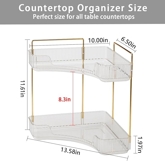 shuang qing 2-Tier Corner Bathroom Counter Organizer – Classic Storage Shelf for Makeup, Perfume & Toiletries, Space-Saving Countertop Tray Fits Bathroom, Dresser, Kitchen (Classic White)