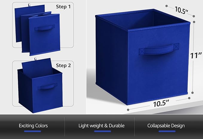 Sorbus Foldable Storage Cubes - 6 Fabric Baskets for Organizing Pantry, Closet, Shelf, Nursery, Playroom, Toy Box, Cubby -11 Inch Dual Handle Collapsible Closet Organizers and Storage Bins -Royal Blue
