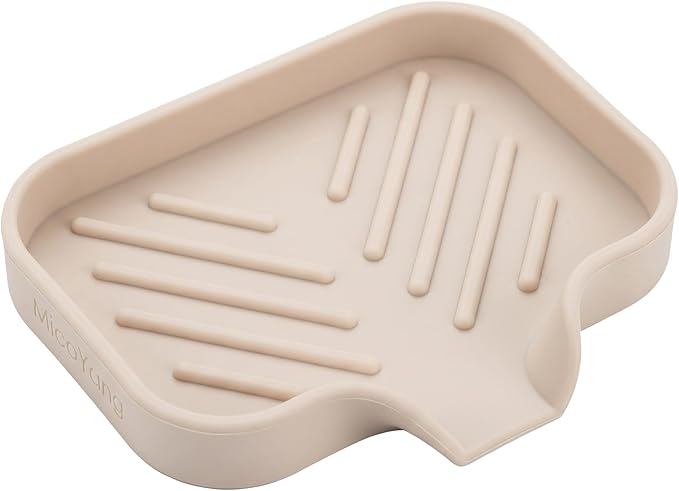 MicoYang Silicone Soap Dish with Drain Spout — Self-Draining Sink Organizer Tray for Bathroom & Kitchen, Holds Bar Soap, Sponges & Dispensers, Non-Slip & Dishwasher Safe, Tapioca (Small, 4.9"×3.2")