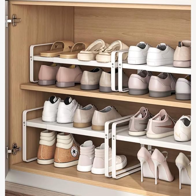 Expandable 1-Tier Metal Shoe Rack (H:10"), Adjustable Width 14.9"-23.6", Heavy-Duty Stackable Free-Standing Shoe Shelf for Closet & Entryway – 2-Pack Set