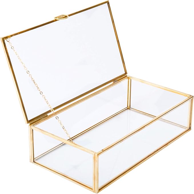 HighFree Vintage Glass Box with Lid - Clear Jewelry Glass Display Box Keepsake Box - Home Decor Decorative Box for Trinket Rings Bracelet (Gold, Medium)