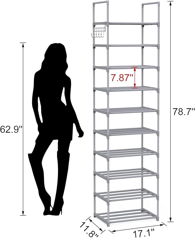 10 Tiers Tall Shoe Rack Narrow 20-24 Pairs Shoe Rack for Closet Entryway Vertical Metal Shoe Rack Organizer Shoe and Boots Organizer Storage Sturdy Shoe Shelf Shoe Stand Gray