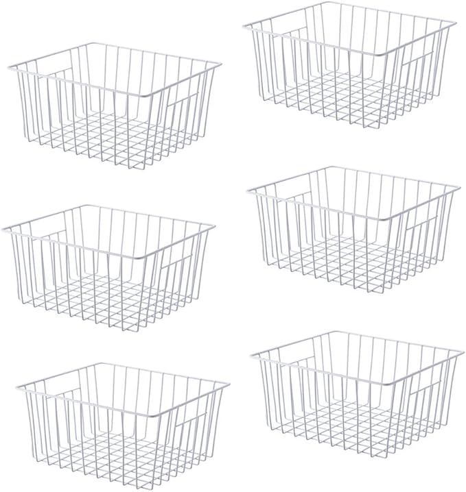 Upright Freezer Organizer Bins， Freezer Baskets for 14, 15 cu.ft Standup Freezer, Wire Storage Baskets with Built-in Handles for Frozen Foods, Snacks, Vegetables, Fruits and More, 6Pcs , White