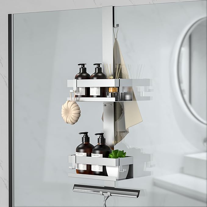 Shower Caddy Hanging, SUS304 Stainless Steel, Over Frameless Glass Door Shower Shelf, Bathroom Organizer/Rack No Drilling, Silver