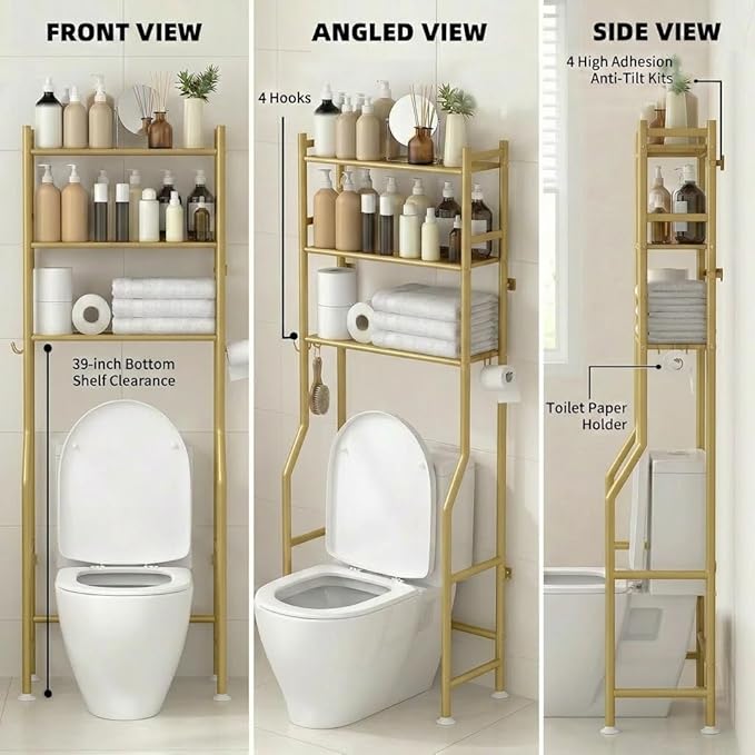 GloTika 3-Tier Over Toilet Storage with Anti-Tilt Safety System - 150lb Total Capacity Metal Bathroom Shelves Including Paper Holder & 4 Hooks, Space Saving Above Commode Organizer (64" H, Gold)
