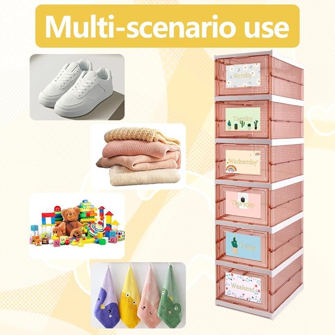 6 Shelf Weekly Clothes Organizer for Kids, Foldable Days of The Week Clothes Organizer with Door Hanging Closet Organizer Storage for Boys and Girls Monday Through Friday Essential Stuff (Brown)