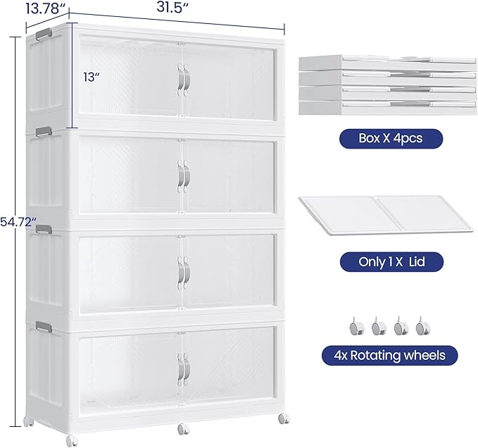 160Gal/640QT 4-Tiers Extra Large Stackable Storage Bins with Lid, Collapsible Cabinet Closet Organizer Plastic Container Box with Wheels Doors Drawers for Office Dorm Kitchen, White