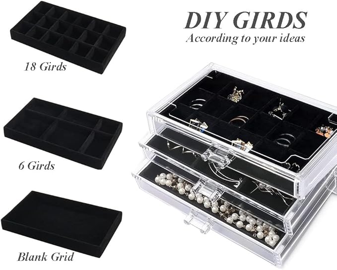 YUFONG Earring Organizer Box Acrylic Jewelry Organizer with 3 Drawers 54 Adjustable Grids Clear Stackable Earring Holder Velvet Trays Ring Display Case for Women Girls (Black)