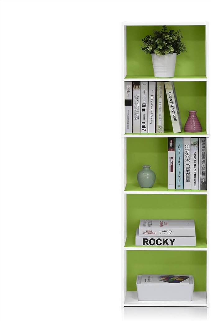 Furinno LUDER Book Shelf, 5-Tier Bookshelf, White/Green