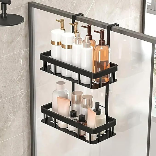 Over Door Shower Caddy, Black Rustproof Bathroom Organizer, 2-Tier Storage Rack