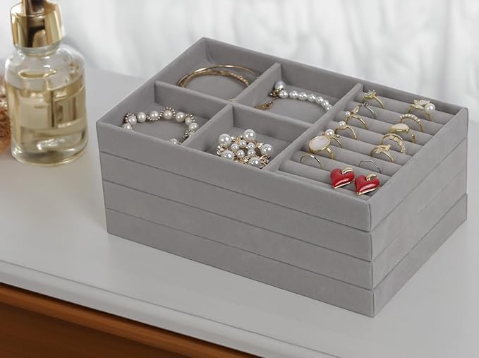 Set of 4 Stackable Jewelry Trays Organizer, Velvet Earring Organizer, Gray