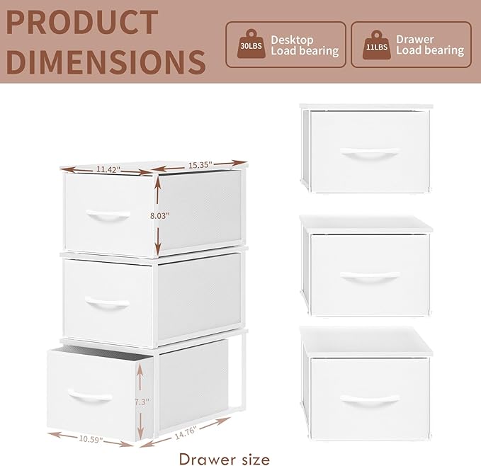 3 Packs Individual Stackable Storage Drawers with Wood Top for Closet