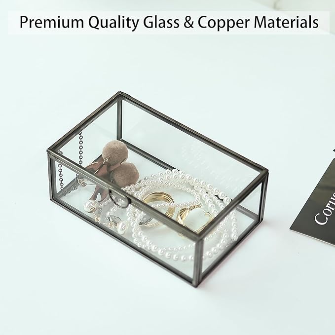 HighFree Vintage Glass Box with Lid - Clear Jewelry Glass Display Box Keepsake Box - Home Decor Decorative Box for Trinket Rings Bracelet (Black, Small)