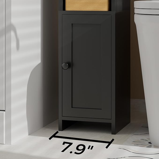 Homhedy Small Bathroom Storage Corner Floor Cabinet with Door and Shelves, Beside The Toilet Paper Stand for Skinny, Narrow Toilet Paper Cabinet, 9.8" D x 7.9" W x 31" H, Black