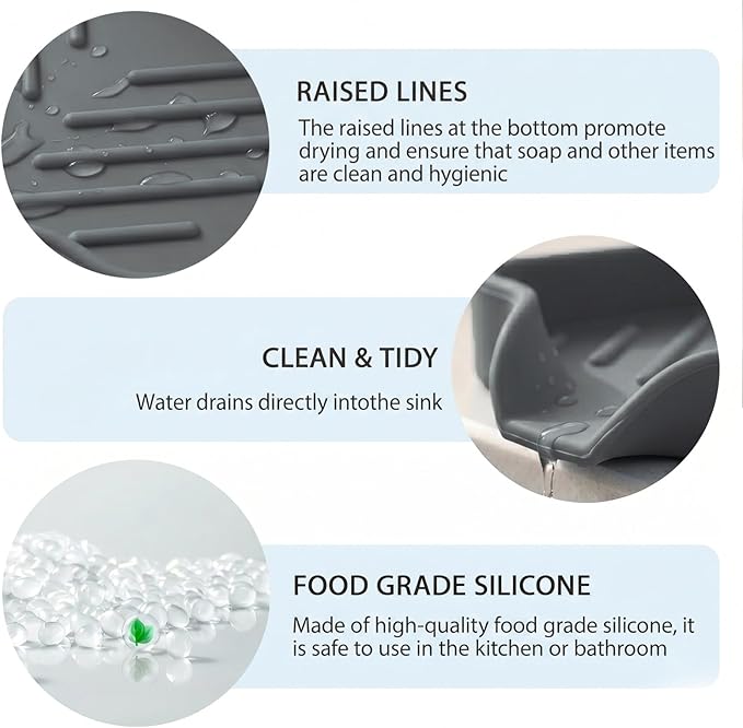 MicoYang Silicone Soap Dish with Drain Spout — Self-Draining Sink Organizer Tray for Bathroom & Kitchen, Holds Bar Soap, Sponges & Dispensers, Non-Slip & Dishwasher Safe, Grey (Small, 4.9"×3.2")