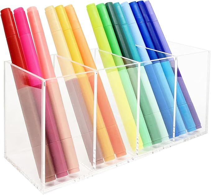 Acrylic Pen Holder 4 Compartments Clear Pencil Holder Organizer Makeup Brush