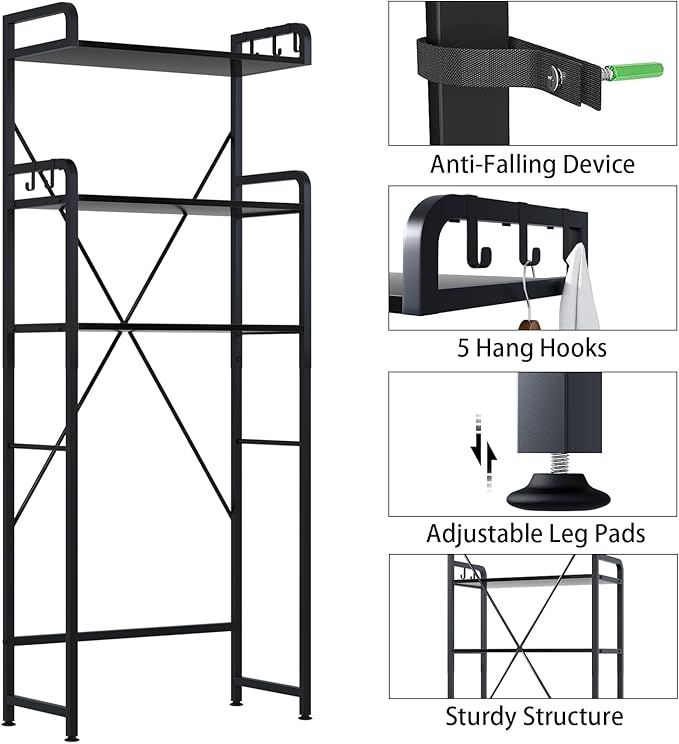 Huhote Over-The-Toilet Storage Rack with 3-Tier Shelves, Space Saver Toilet Shelf, Bathroom Storage Organizer with Hooks for Over-Toilet Storage (Black)