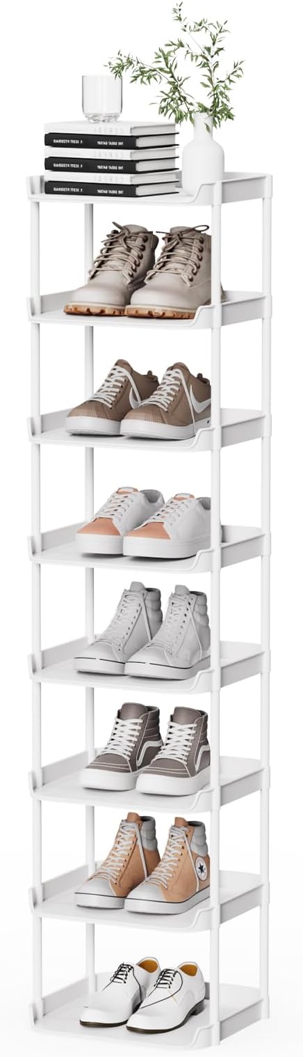 Narrow Shoe Storage Rack, Compact Single Shoerack Stand for Slim Space, Stackable Tall Thin Show Tower, Solid Plastic Shelves, for Hallways, Kitchens, Bedrooms Tidy Organizer (White, 8 Tier)