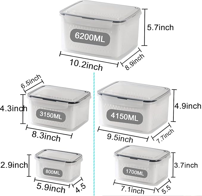 Large Fridge Food Storage Container Set with Lids with Strainer
