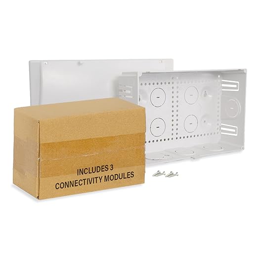 ICC 9” Plastic Structured Wiring Enclosure with Cover, Includes 3 Connectivity Modules (CAT6 8-Port PoE++ Module, 1x8 Bridged Telephone RJ31X Module, 1x6 Video Module), UL Listed, TAA Compliant