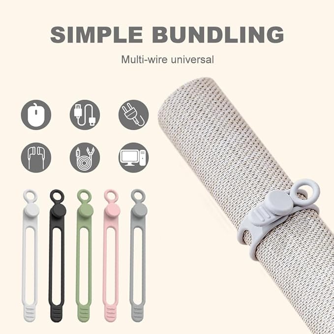 Silicone Cable Ties, 2026 Upgrade Reusable Cable Management Organizer, Elastic Data Cable Organizer Cord Wrap Straps for Fastening Charger Earphone Charger Office Desk Appliance Cords Wires