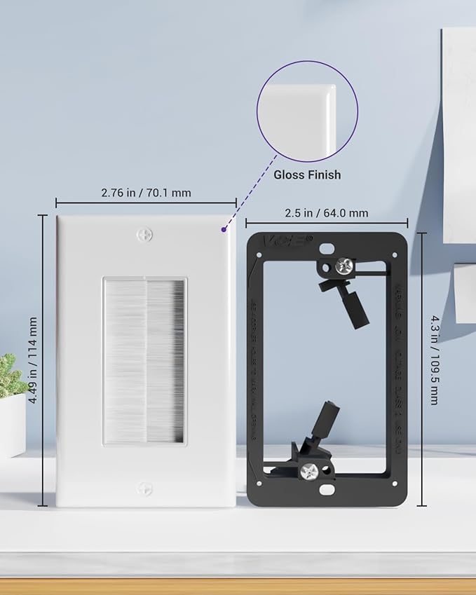 VCE Brush Wall Plate Cable Pass Through with Bracket, Decorator Cover for Low Voltage Cables - White, 2-Pack