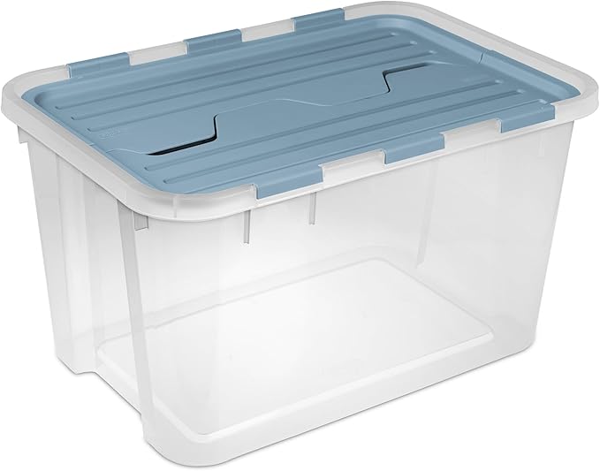 Sterilite 6 Pack Hinged Lid Storage Box, 60 Qt Plastic Container, Washed Blue - Home Organizer Tote for Storing Shoes, Crafts, Clothing, or Decor
