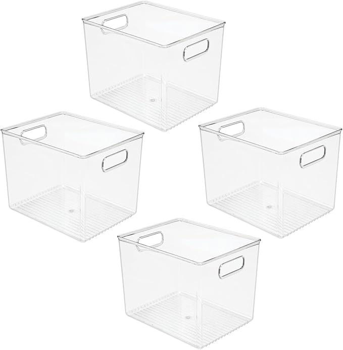 mDesign Plastic Tall Deep Kitchen or Pantry Organizing Storage Bins with Handles - Food Organization Storage Bins for Kitchen Pantry Cabinet, Refrigerator or Freezer, Ligne Collection, 4 Pack, Clear